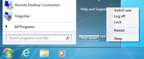 Windows 7 Restart menu